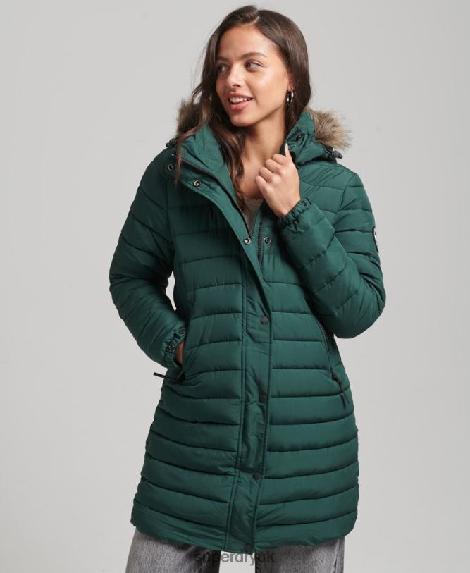 Faux Fur Hooded Mid Length Puffer Jacket Women Green Clothing Superdry 66N8N3636