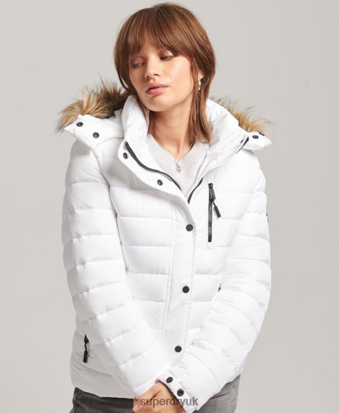 Faux Fur Short Hooded Puffer Jacket Women White Clothing Superdry 66N8N3669