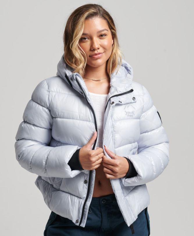 Hooded Shine Sports Puffer Jacket Women Light Blue Clothing Superdry 66N8N3690