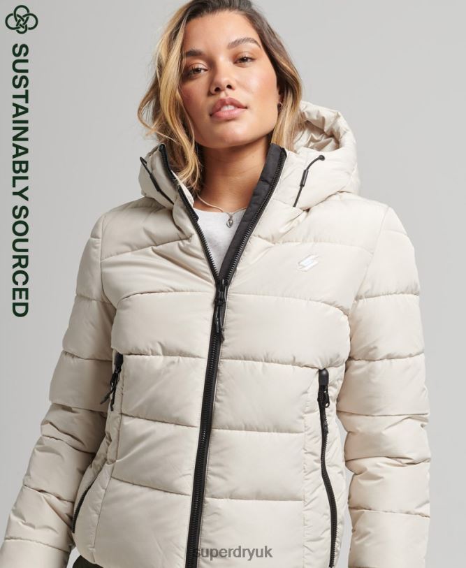 Hooded Spirit Sports Puffer Jacket Women Beige Clothing Superdry 66N8N3725