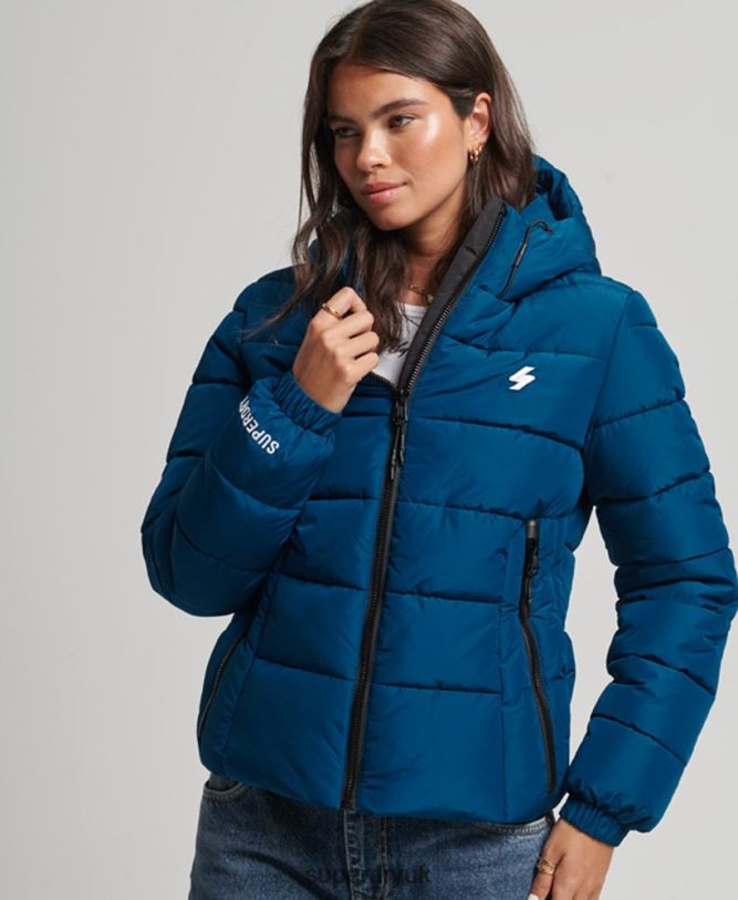 Hooded Spirit Sports Puffer Jacket Women Blue Clothing Superdry 66N8N3723
