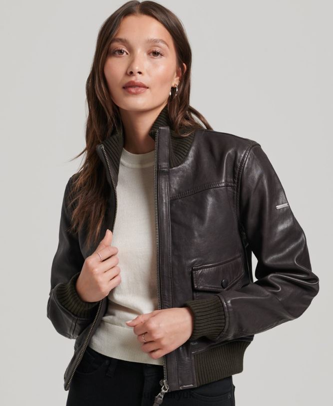 Knit Collar Leather Bomber Jacket Women Brown Clothing Superdry 66N8N3546