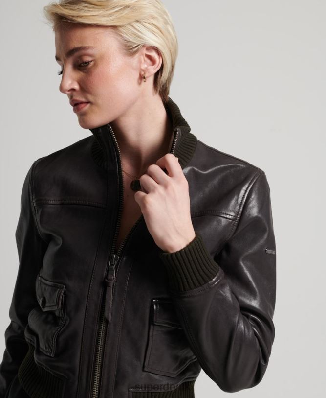 Knitted Collar Leather Bomber Jacket Women Brown Clothing Superdry 66N8N3672