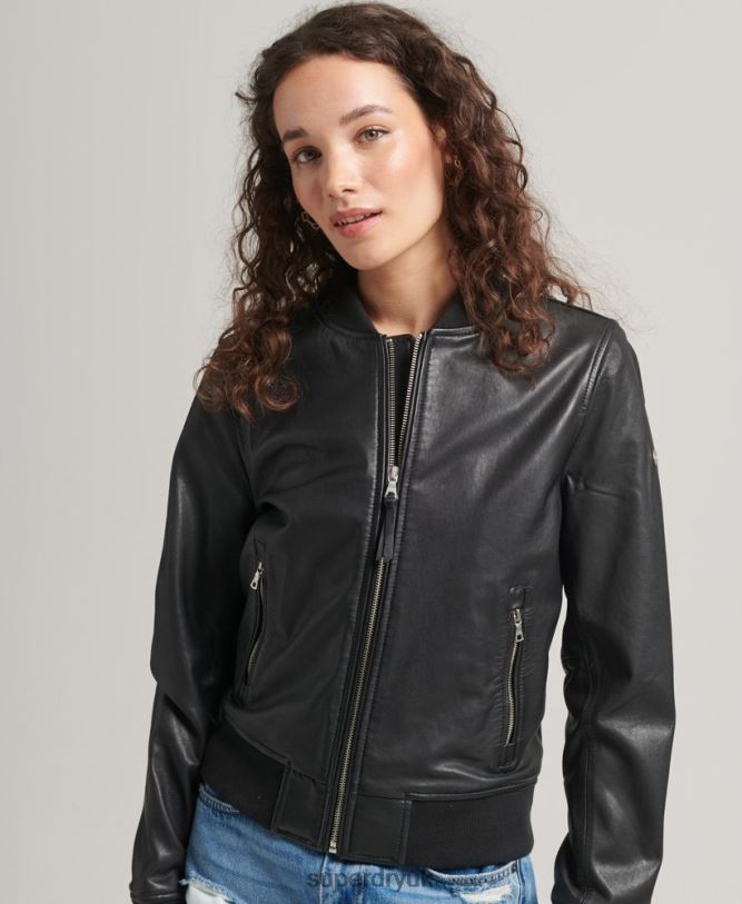 Leather Flight Bomber Jacket Women Black Clothing Superdry 66N8N5723