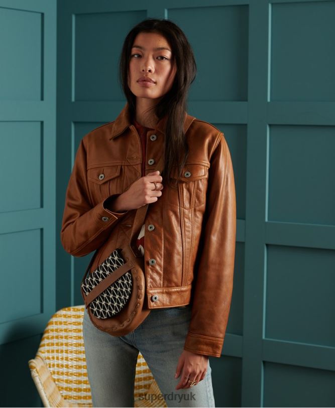 Limited Edition Dry Leather Jacket Women Tan Clothing Superdry 66N8N3757