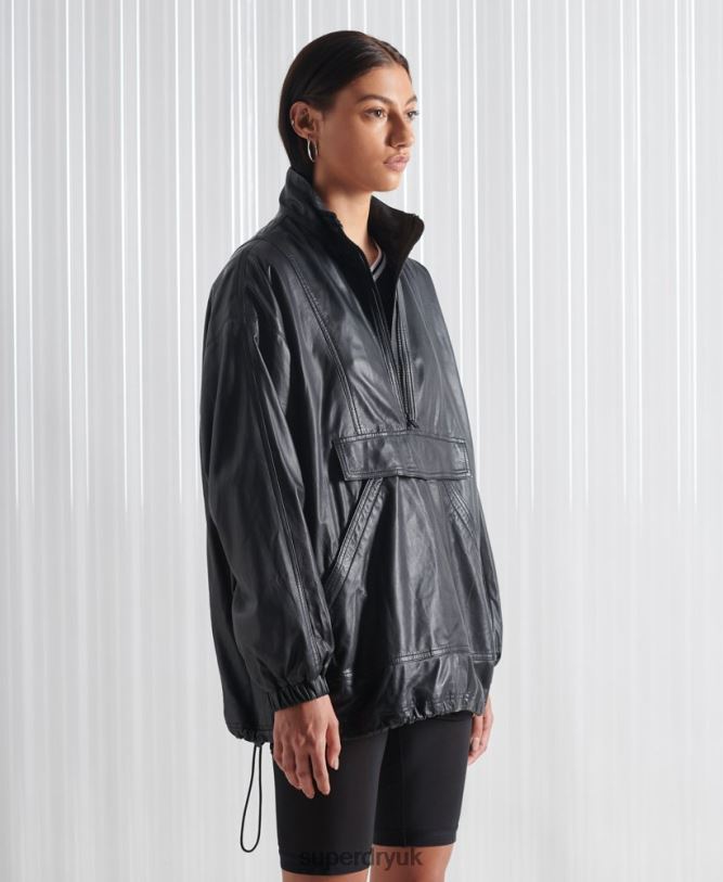 Limited Edition SDX Leather Track Top Women Black Clothing Superdry 66N8N1193