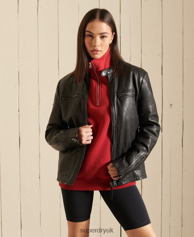 Oversized Leather Moto Biker Jacket Women Black Clothing Superdry 66N8N5605