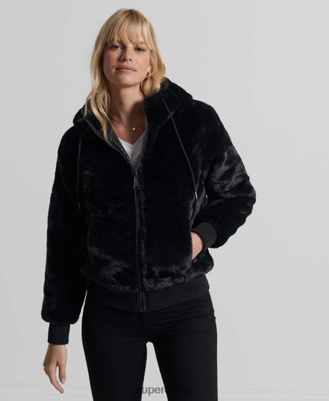 Storm Premium Faux Fur Jacket Women Black Clothing Superdry 66N8N6182