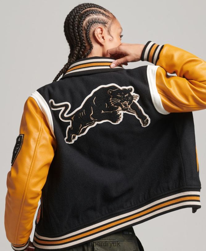 Varsity Wool PU Bomber Jacket Women Black Clothing Superdry 66N8N5467
