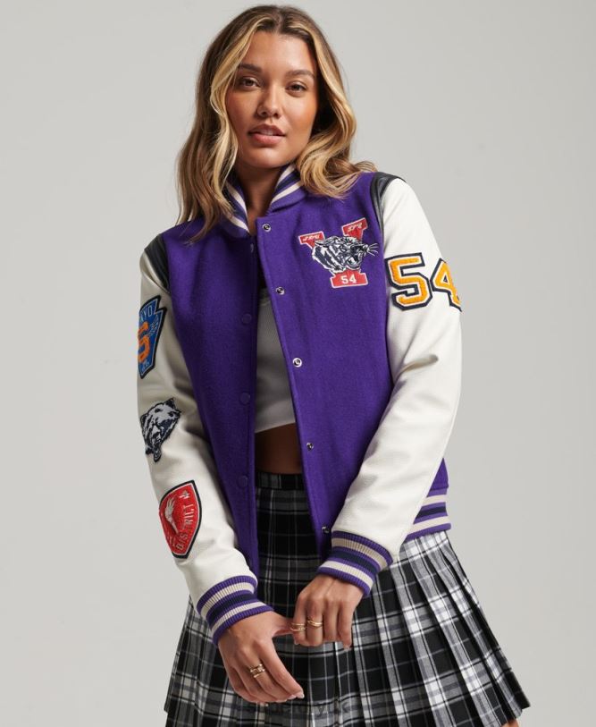 Varsity Wool PU Bomber Jacket Women Purple Clothing Superdry 66N8N5421
