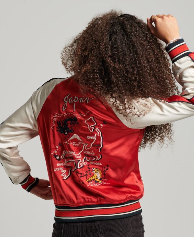 Vintage Embroidered Sukajan Jacket Women Red Clothing Superdry 66N8N3517
