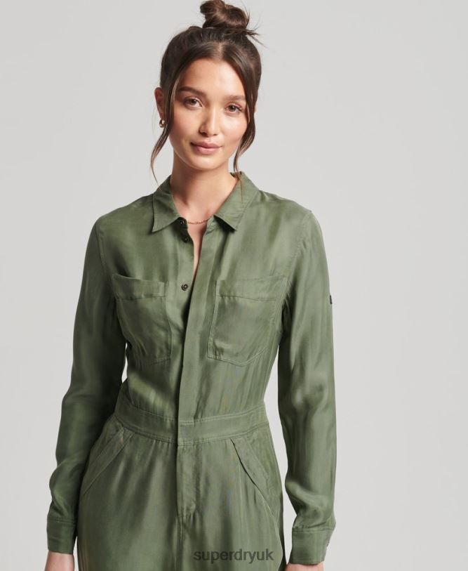 Cupro Long Sleeved Shirt Jumpsuit Women Green Clothing Superdry 66N8N4104
