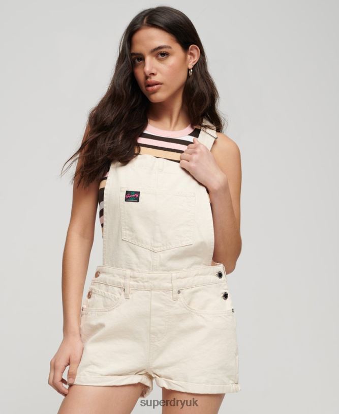 Organic Cotton Vintage Canvas Short Dungarees Women Cream Clothing Superdry 66N8N2473