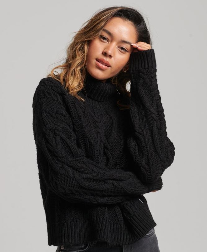 Cable Knit Polo Neck Jumper Women Black Clothing Superdry 66N8N3976
