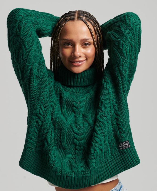 Cable Knit Polo Neck Jumper Women Green Clothing Superdry 66N8N3966
