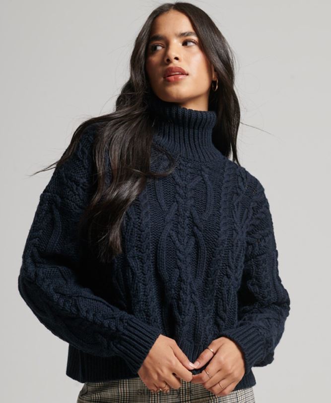 Cable Knit Polo Neck Jumper Women Navy Clothing Superdry 66N8N3991