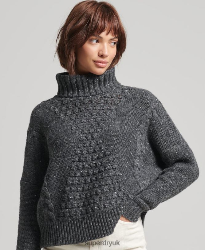 Chunky Cable Roll Neck Jumper Women Grey Clothing Superdry 66N8N6614