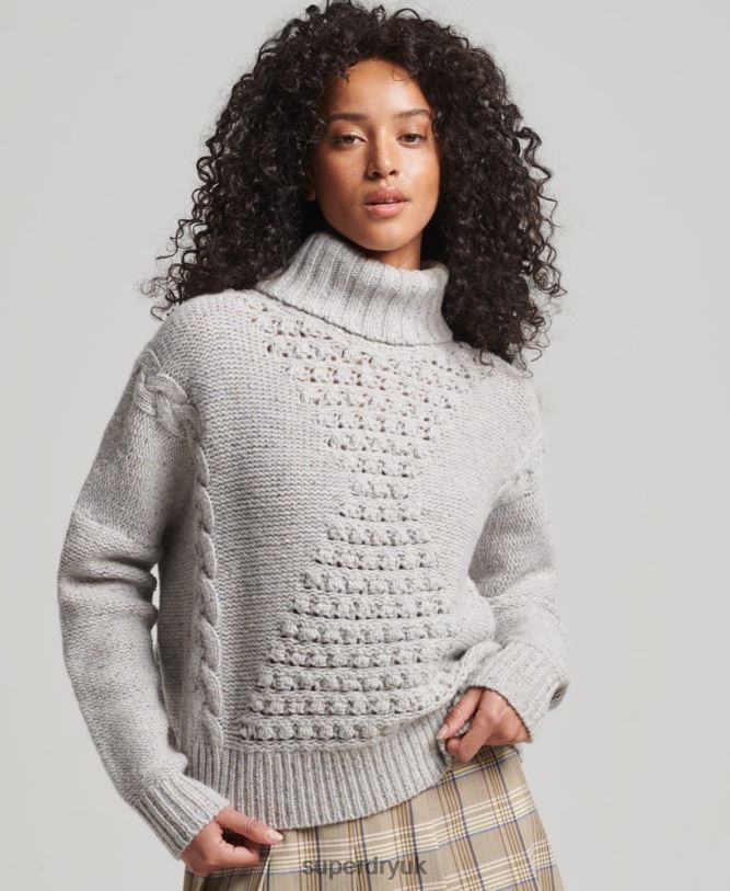 Chunky Cable Roll Neck Jumper Women White Clothing Superdry 66N8N4010