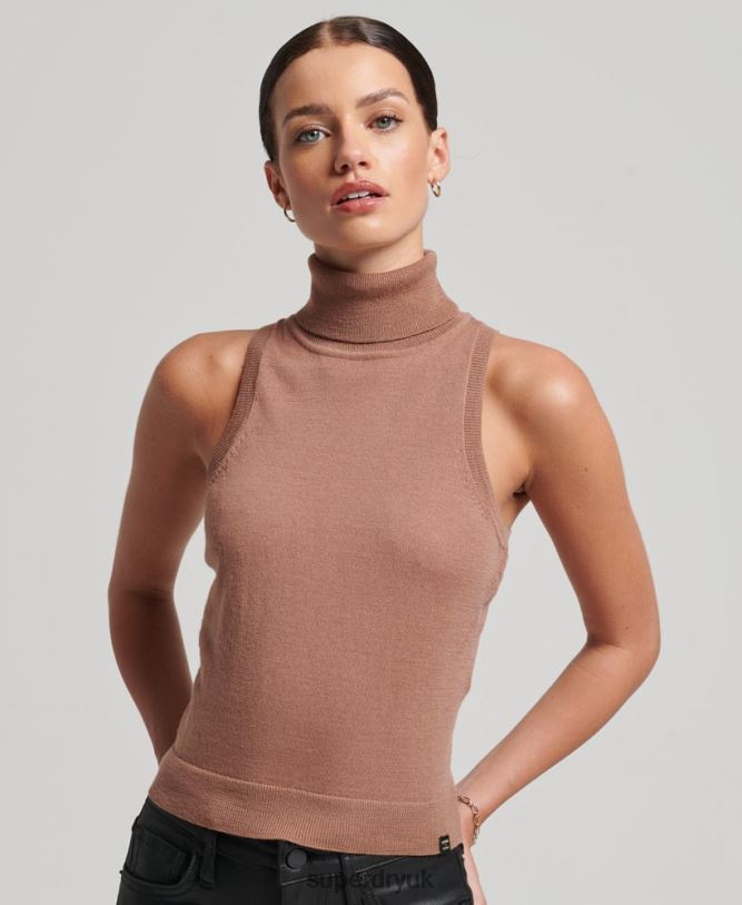 Studios Merino Roll Neck Vest Women Brown Clothing Superdry 66N8N2972