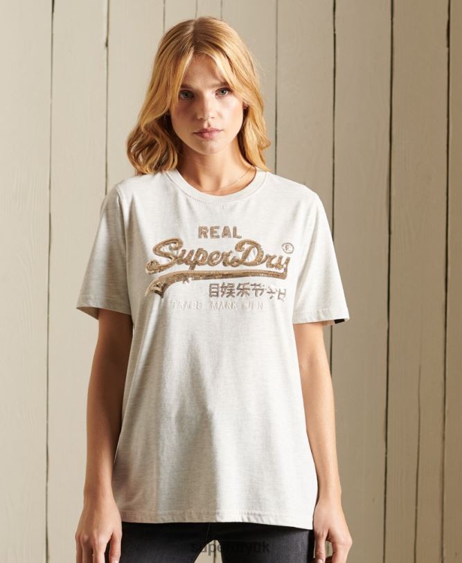 Vintage Logo Boho Sparkle T-Shirt Women Beige Clothing Superdry 66N8N6774